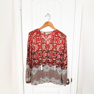 Dylan Orange Multicolor Patterned Blouse with Tassels Size XS